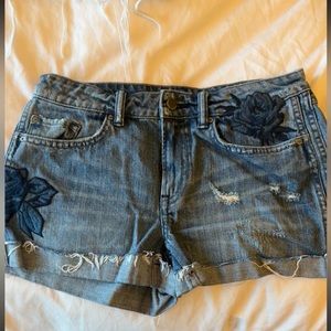 All Saints denim shorts with floral appliqué